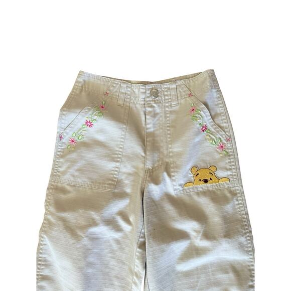 Vintage y2k sz 7 Pooh winnie the poo embrodiered kahki wide leg pants girls - Picture 2 of 4